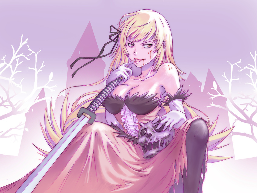 bare_shoulders blonde_hair blood blood_stain breasts cleavage dress elbow_gloves gloves hair_ribbon highres katana kiss-shot_acerola-orion_heart-under-blade large_breasts long_hair monogatari_(series) naughty_face ribbon sitting skull solo sword very_long_hair weapon yellow_eyes yoshikawa_kazunori