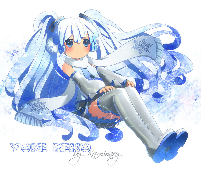 bad_id bad_pixiv_id blue_eyes blue_hair hatsune_miku kaminary long_hair smile snowflakes solo thighhighs twintails very_long_hair vocaloid yuki_miku