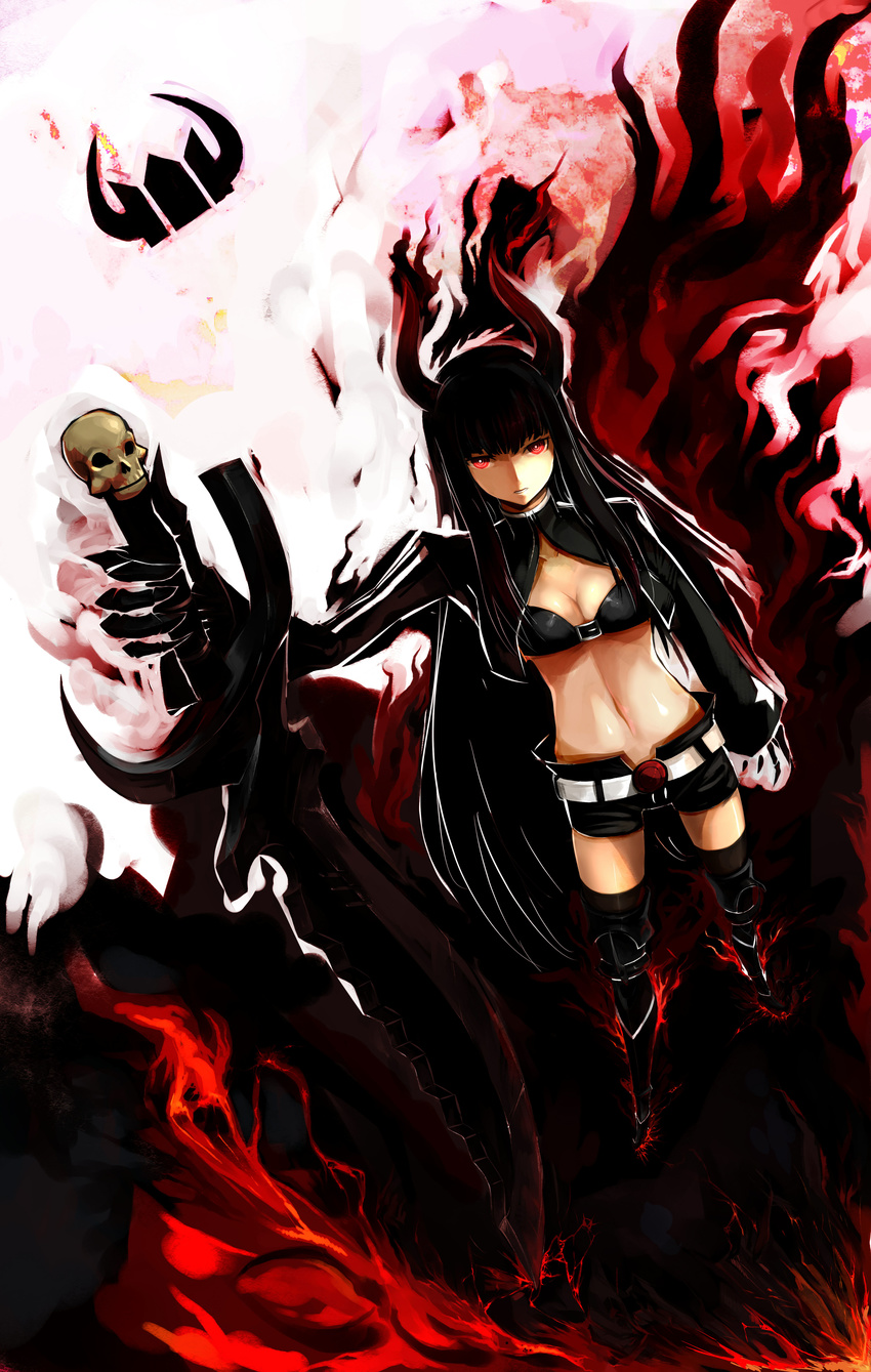 absurdres bikini_top black_gold_saw black_hair black_rock_shooter boots breasts cleavage fire highres horns jacket king_saw long_hair medium_breasts midriff molten_rock navel red_eyes serious short_shorts shorts skull spices sword thigh_boots thighhighs weapon