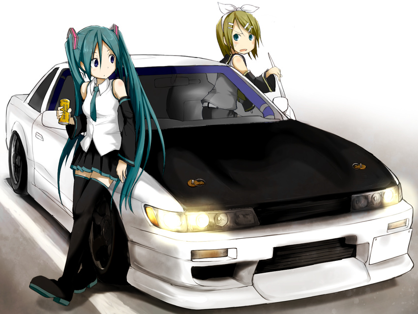 aqua_eyes aqua_hair belt blonde_hair blue_eyes boots can car coffee detached_sleeves ground_vehicle hair_ornament hair_ribbon hairclip hatsune_miku highres kagamine_rin long_hair motor_vehicle multiple_girls necktie nissan nissan_s13_silvia open_mouth ribbon skirt sweatdrop thigh_boots thighhighs twintails very_long_hair vocaloid xenon_(kona-card)