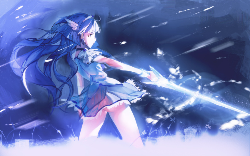 ahoge aoki_reika ass bad_id bad_pixiv_id blue blue_hair blue_skirt bracelet choker crystal_sword cure_beauty dress ekao hair_tubes head_wings ice jewelry long_hair magical_girl no_panties precure profile see-through sidelocks skirt smile_precure! solo sword tiara weapon