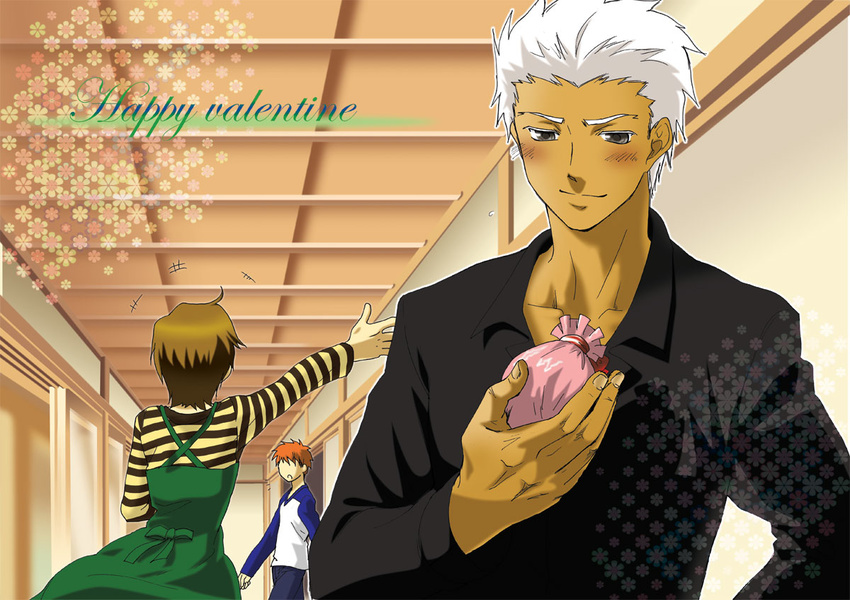 2boys archer blush brown_hair casual dark_skin dress emiya_shirou fate/stay_night fate_(series) fujimura_taiga gift grey_eyes multiple_boys orthrusugigami38 raglan_sleeves red_hair sack striped valentine white_hair