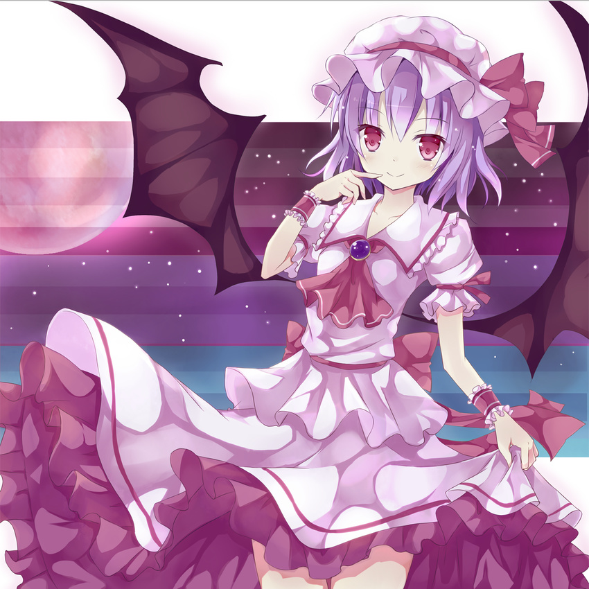 bat_wings dress finger_to_mouth hat highres mizumidori moon purple_hair red_eyes remilia_scarlet short_hair skirt_hold smile solo touhou wings wrist_cuffs