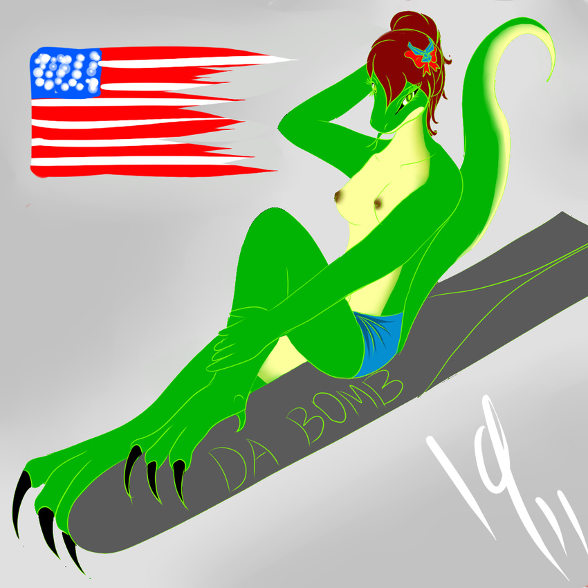 anthro bomber_art breasts female ladylovesyou lizard nipples nose_art pinup pose reptile scalie sh'sthress sh'thress_(gingerm) sh'sthress sh'sthress_(gingerm) solo topless