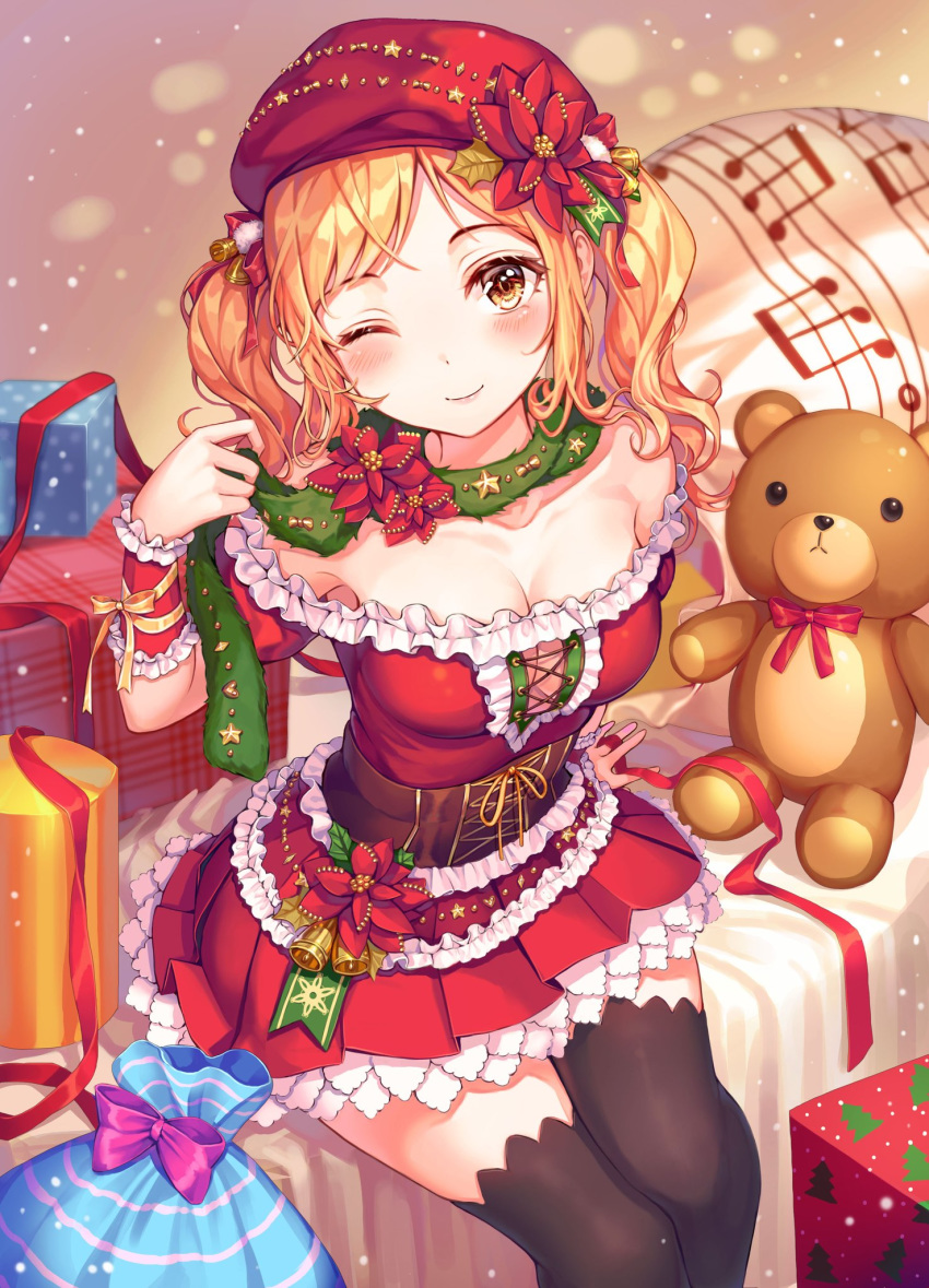 1girl arm_support armpit_peek bang_dream! bangs bare_shoulders bell black_legwear blonde_hair blurry blush breasts cleavage cleavage_cutout closed_mouth depth_of_field frilled_shirt frills from_above gift green_scarf hair_ornament hair_ribbon hand_up hat head_tilt highres ichigaya_arisa long_hair looking_at_viewer medium_breasts miniskirt musical_note off_shoulder one_eye_closed parted_bangs pleated_skirt pom_pom_(clothes) r_o_ha red_hat red_ribbon red_shirt red_skirt ribbon sack santa_costume scarf shirt short_sleeves sidelocks sitting skirt smile solo stuffed_animal stuffed_toy teddy_bear thighhighs twintails underbust wristband yellow_eyes zettai_ryouiki
