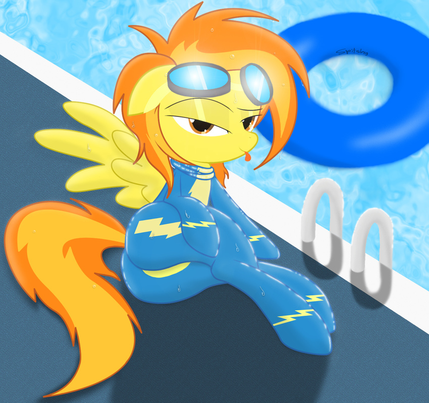butt equine eyewear female feral friendship_is_magic goggles hair horse looking_at_viewer mammal multi-colored_hair my_little_pony pegasus pony pool pose presenting skinsuit solo spitfire_(mlp) spitshy teasing tongue wings wonderbolts_(mlp)