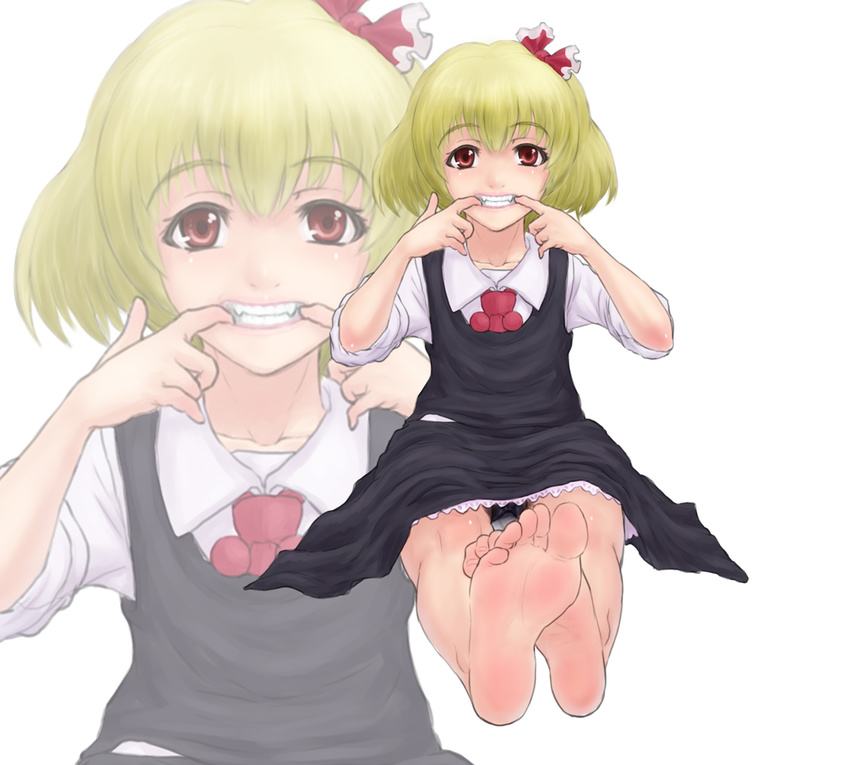 barefoot blonde_hair fangs feet fingersmile foreshortening grin hair_ribbon kuro_suto_sukii looking_at_viewer mouth_pull pink pink_eyes pov_feet ribbon rumia short_hair sitting sketch skirt skirt_set smile soles solo teeth toes touhou wiggling_toes zoom_layer