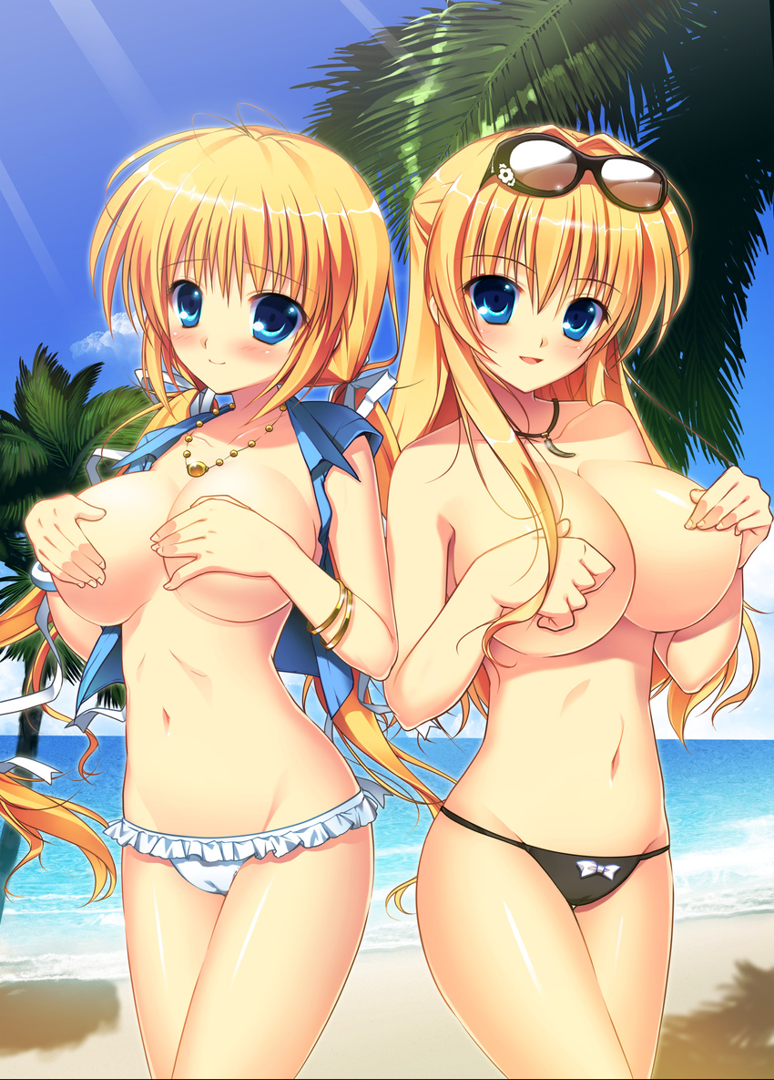 absurdres bare_shoulders beach bikini bikini_bottom black_bikini blonde_hair blue_eyes blush bow bow_bikini breasts cameltoe cloud covering covering_breasts covering_nipples crop_top frilled_bikini frills game_cg groin hair_ribbon half_updo highres huge_breasts jewelry kazamatsuri_koromo kazamatsuri_mana large_breasts light_rays long_hair looking_at_viewer lowleg lowleg_bikini manatsu_no_yoru_no_yuki_monogatari mikeou mound_of_venus multiple_girls navel necklace no_bra open_clothes open_mouth open_shirt palm_tree ribbon sand shiny shiny_skin shirt siblings sisters sky smile sunbeam sunglasses sunglasses_on_head sunlight swimsuit topless tree twins twintails water white_bikini white_swimsuit