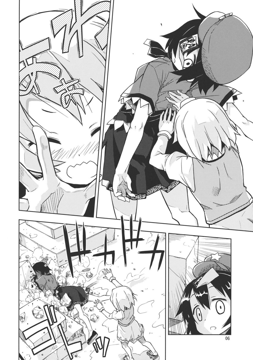 blood closed_eyes comic doujinshi graveyard greyscale hat highres jiangshi kannazuki_hato karakasa_obake miyako_yoshika monochrome multiple_girls open_mouth outstretched_arms pushing short_hair skirt surprised tatara_kogasa tombstone touhou umbrella