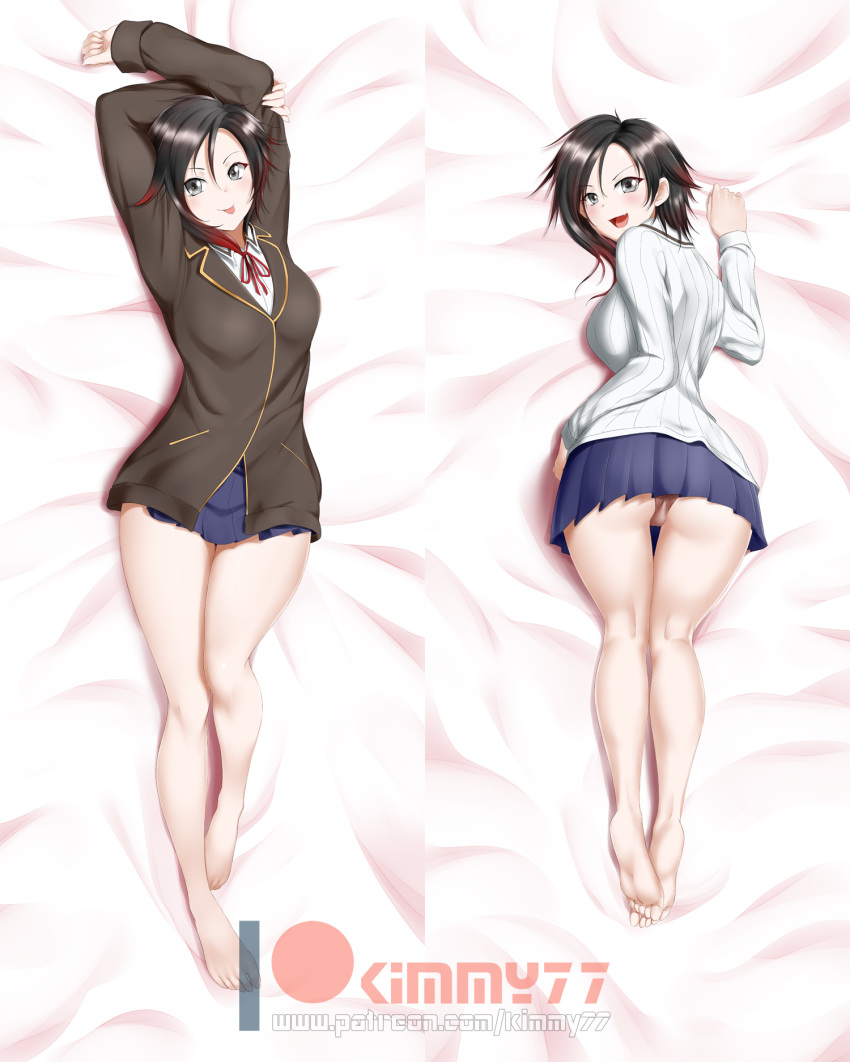 :p alfred_cullado arms_up artist_name ass barefoot black_hair blue_skirt dakimakura feet hair_between_eyes highres looking_at_viewer lying on_back on_stomach patreon_logo red_eyes ribbed_sweater ruby_rose rwby short_hair silver_eyes skirt smile solo sweater thighs tongue tongue_out watermark web_address