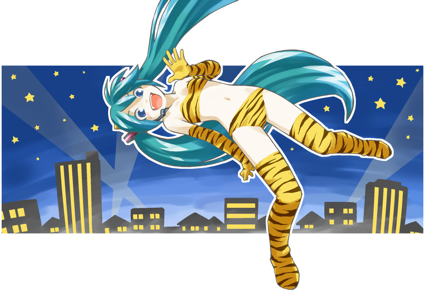 animal_print bikini blue_eyes cosplay elbow_gloves fangs gloves hatsune_miku letterboxed long_hair looking_at_viewer lum lum_(cosplay) open_mouth outside_border solo swimsuit tewarusa thighhighs tiger_print twintails urusei_yatsura very_long_hair vocaloid