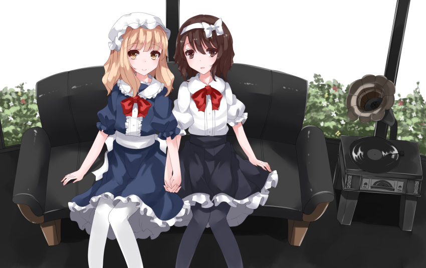 2girls alternate_costume alternate_headwear black_legwear black_skirt blonde_hair blouse blue_dress brown_eyes brown_hair couch day dress feet_out_of_frame fisheye frilled_skirt frills from_above hair_ribbon hand_holding hat highres indoors interlocked_fingers knees_together looking_at_viewer maribel_hearn medium_hair mob_cap multiple_girls nanatuki13 no_hat no_headwear on_couch pantyhose parted_lips phonograph puffy_short_sleeves puffy_sleeves record red_neckwear red_ribbon ribbon sash short_hair short_sleeves side-by-side sitting skirt smile topiary touhou usami_renko white_background white_blouse white_legwear white_ribbon window yellow_eyes