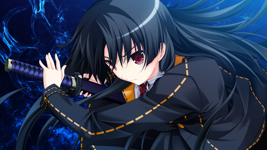 black_hair game_cg ichinose_yua katana makita_maki red_eyes shinigami_no_testament sword weapon