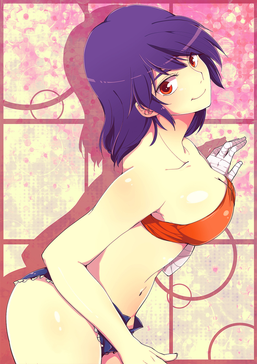 bandages bandeau blue_hair breasts cleavage cutoffs denim denim_shorts highres kanbaru_suruga kiguchiko large_breasts monogatari_(series) nisemonogatari open_fly red_eyes shiny shiny_skin short_hair short_shorts shorts smile solo strapless tubetop unzipped