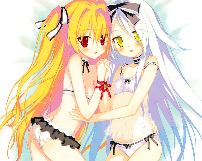 2girls blonde_hair bra hoshizora_no_memoria irotoridori_no_sekai long_hair mare_s_ephemeral nikaidou_shinku panties red_eyes shida_kazuhiro underwear white_hair yellow_eyes