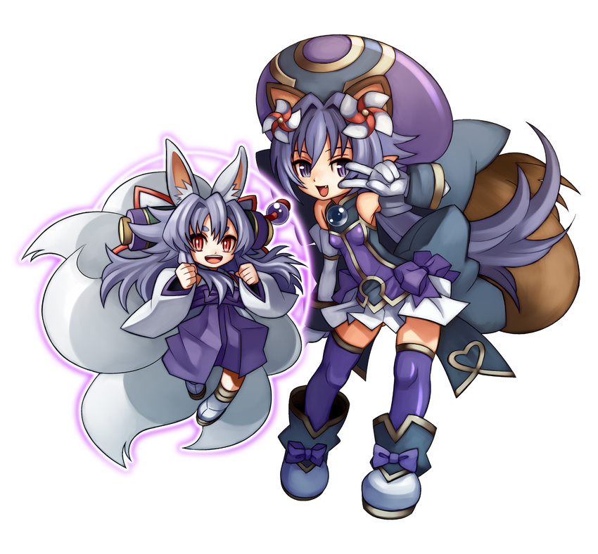 animal_ears bad_id bad_pixiv_id bare_shoulders bow dress extra_ears fang fox_ears fox_tail gloves highres izuna_(shinrabanshou) jitsudan matsuhime_mujina multiple_girls multiple_tails open_mouth pinwheel pointy_ears purple_eyes purple_hair purple_legwear raccoon_ears raccoon_tail red_eyes scroll shinrabanshou shoes silver_hair slit_pupils tail thighhighs v v_over_eye white_gloves