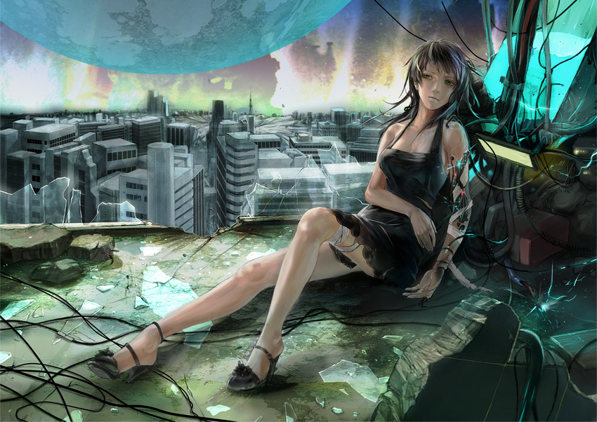 8981 android bad_id bad_pixiv_id black_hair broken_glass cityscape dress glass green_eyes high_heels long_hair original shoes solo