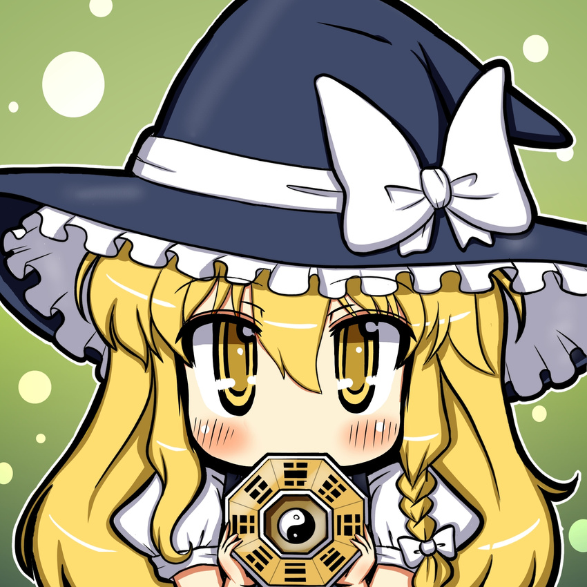 ba_gua blonde_hair blush bow braid covering_mouth eruru_(erl) face hair_bow hat highres kirisame_marisa long_hair mini-hakkero side_braid solo touhou trigram witch_hat yellow_eyes yin_yang