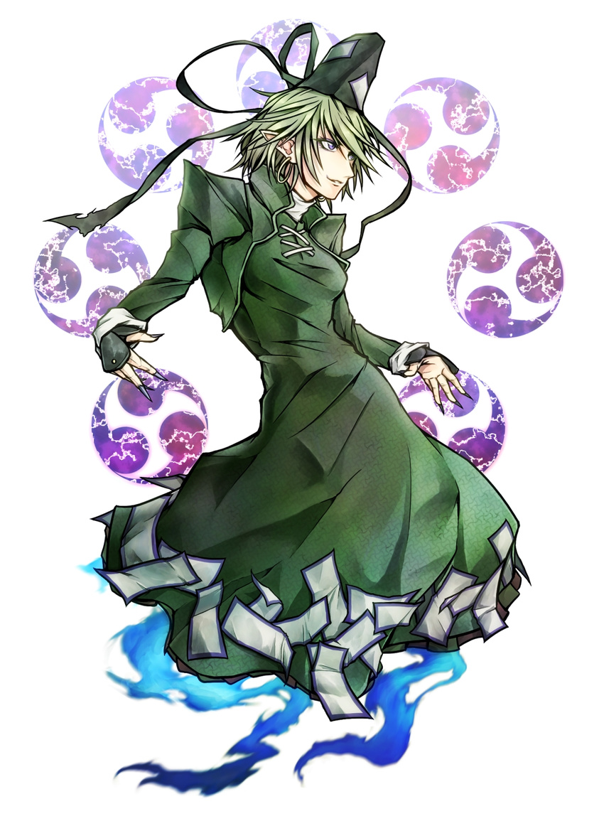 adapted_costume blue_eyes breasts dress earrings fingernails ghost_tail green_dress green_hair hat highres jacket jewelry long_fingernails mitsudomoe_(shape) open_mouth pointy_ears ryuuichi_(f_dragon) sharp_fingernails short_hair simple_background small_breasts smile soga_no_tojiko solo tate_eboshi tomoe_(symbol) touhou white_background