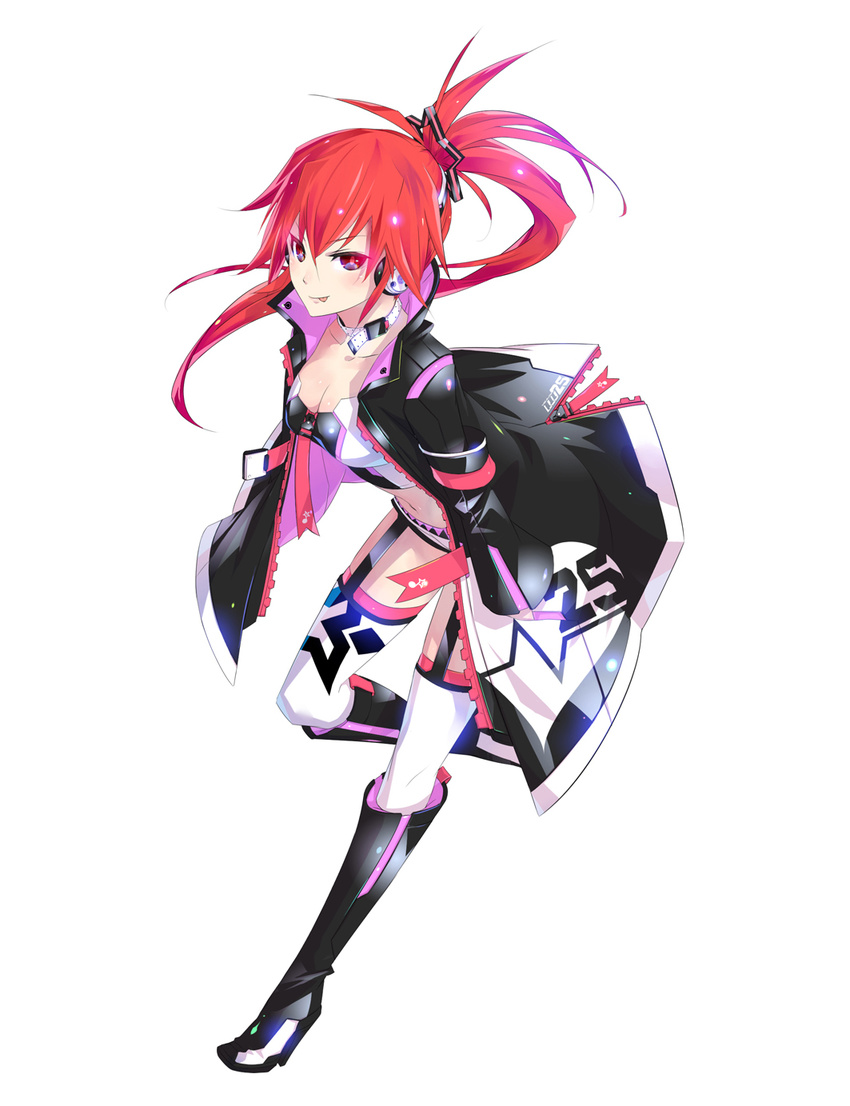 :p boots cul full_body headphones highres jacket long_hair looking_at_viewer monq ponytail red_eyes red_hair shorts simple_background smile solo thigh_strap thighhighs tongue tongue_out vocaloid