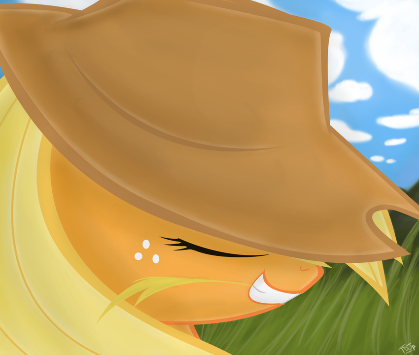 blonde_hair cloud clouds cowboy_hat equine eyes_closed female friendship_is_magic grass hair hat horse mammal my_little_pony pony sky solo straw thedracojayproduct