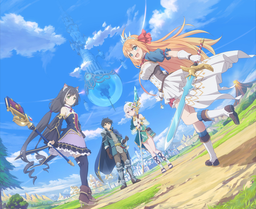 1boy 3girls animal_ears black_hair blonde_hair blue_eyes boots breasts cape castle cat_ears cloud detached_sleeves gloves green_eyes hair_ornament highres kokkoro_(princess_connect!) kyaru_(princess_connect) large_breasts leaf_hair_ornament long_hair looking_at_viewer low_twintails multiple_girls official_art pecorine pine_tree pointy_ears polearm princess_connect!_re:dive road short_hair silver_hair sky sleeveless spear sword thighhighs tiara tree twintails wall weapon