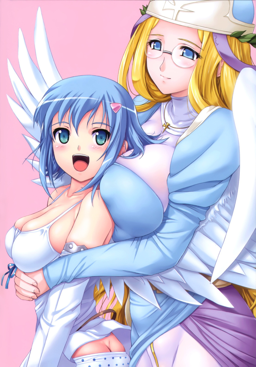 absurdres angel angel_wings asymmetrical_wings bare_shoulders bodysuit breast_press breasts butt_crack elbow_gloves from_behind glasses gloves hat highres hug huge_breasts long_hair melpha multiple_girls nanael open_mouth panties polka_dot polka_dot_panties queen's_blade short_hair sideboob smile underwear very_long_hair wings zundarepon