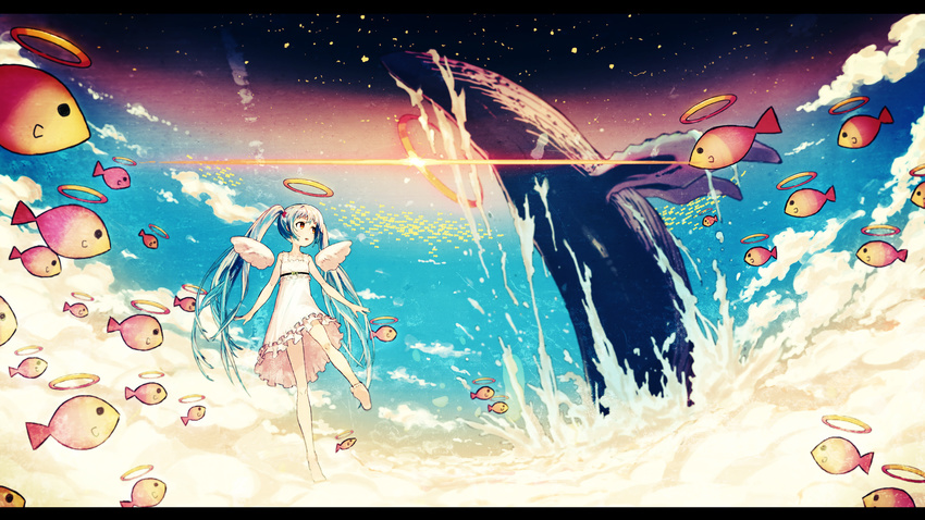 absurdres aqua_hair asgr barefoot dress feet fish halo hatsune_miku highres letterboxed long_hair orange_eyes solo surreal twintails very_long_hair vocaloid water whale wings