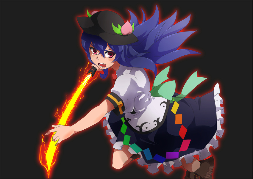 black_background blue_hair bow cross-laced_footwear dress food fruit hakutakuanta hat highres hinanawi_tenshi long_hair open_mouth peach red_eyes short_sleeves simple_background solo sword sword_of_hisou touhou weapon