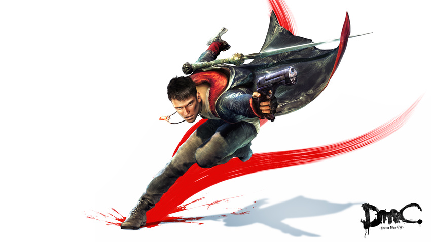 1boy absurdres boots brown_hair capcom cape dante dante_(dmc:_devil_may_cry) devil_may_cry dmc:_devil_may_cry donte ebony_&amp;_ivory gun handgun highres jewelry male male_focus necklace pistol rebellion_(sword) shadow short_hair solo sword weapon white_background