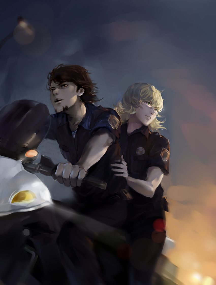 barnaby_brooks_jr blonde_hair brown_eyes brown_hair facial_hair glasses green_eyes ground_vehicle highres kaburagi_t_kotetsu motor_vehicle motorcycle multiple_boys police police_uniform stubble tiger_&amp;_bunny uniform wwwe314