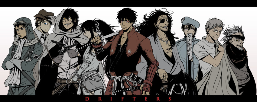 abe_no_seimei_(drifters) armor arrow beard beret black_hair blue_eyes bow_(weapon) brown_hair butch_cassidy crossed_arms drifters dual_wielding earrings eyepatch facial_hair goggles grey_eyes grey_hair grin gun handgun hannibal_barca hat holding jewelry kanno_naoshi katana long_hair messy_hair mole multiple_boys musket nasu_no_yoichi oda_nobunaga_(drifters) ofuda pentagram pilot_suit ponytail publius_cornelius_scipio_africanus purple_eyes red_eyes revolver sake_(kadai) scarf shimazu_toyohisa short_hair smile sundance_kid sword weapon yellow_eyes