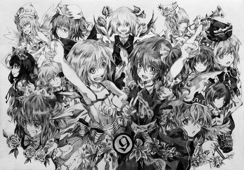 6+girls alternate_costume armpits cirno daiyousei flower greyscale grin highres letty_whiterock lily_white locked_arms luna_child lunasa_prismriver lyrica_prismriver merlin_prismriver monochrome multiple_girls mystia_lorelei neko_(yanshoujie) pointing pointing_up rumia smile star_sapphire sunny_milk sweatdrop touhou traditional_media v wriggle_nightbug yousei_daisensou