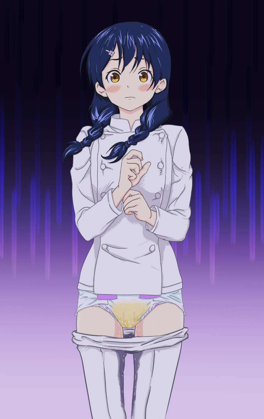 absurdres blue_hair blush braid chef_uniform diaper embarrassed gradient gradient_background highres nervous pants_down peeing peeing_self shokugeki_no_souma tadokoro_megumi twin_braids twintails urination wet_diaper yellow_eyes