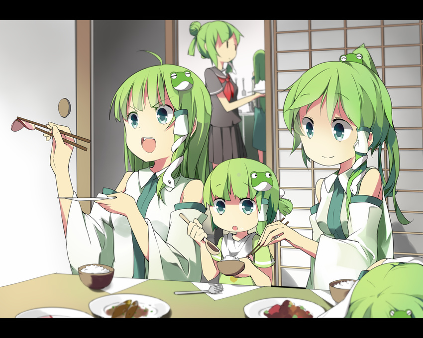 :o ahoge alternate_costume bad_id bad_pixiv_id bare_shoulders child chopsticks clone detached_sleeves family food fork frog_hair_ornament fusuma green_eyes green_hair hair_bun hair_ornament hair_tubes highres holding kochiya_sanae letterboxed meat multiple_girls multiple_persona napkin no_nose open_mouth plate ponytail rice school_uniform serafuku shirt sliding_doors smile snake spatula spoon sunyukun table touhou v-shaped_eyebrows younger