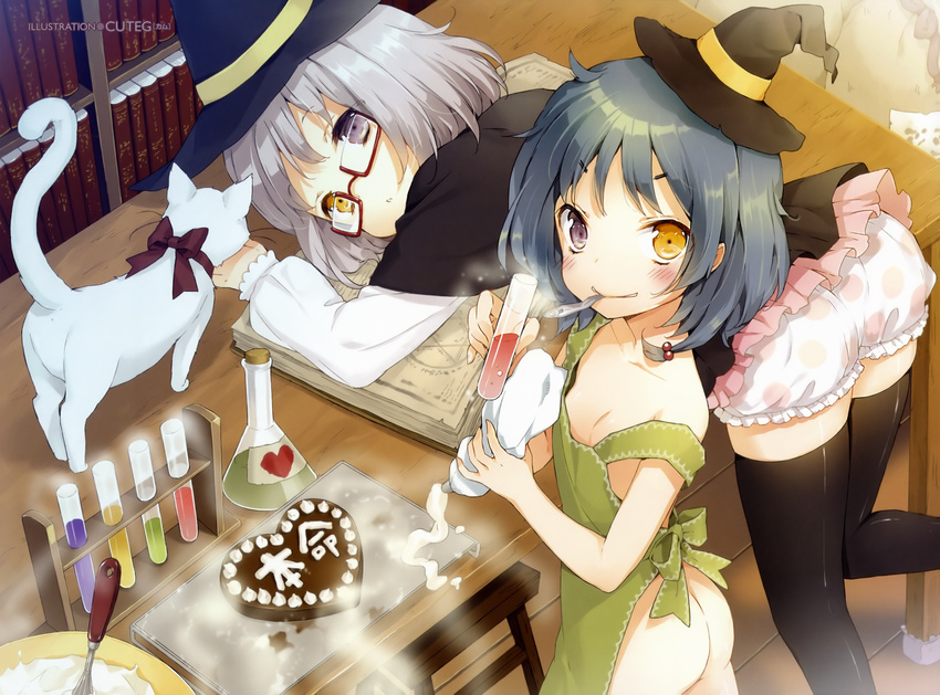 absurdres apron ass bent_over black_hair black_legwear bloomers blush book cat chocolate chocolate_heart cuteg erlenmeyer_flask fish flask glasses grey_hair hat heart heterochromia highres looking_at_viewer magic_circle magic_research mouth_hold multiple_girls naked_apron original polka_dot red-framed_eyewear short_hair steam test_tube thighhighs underwear valentine vial whisk witch_hat
