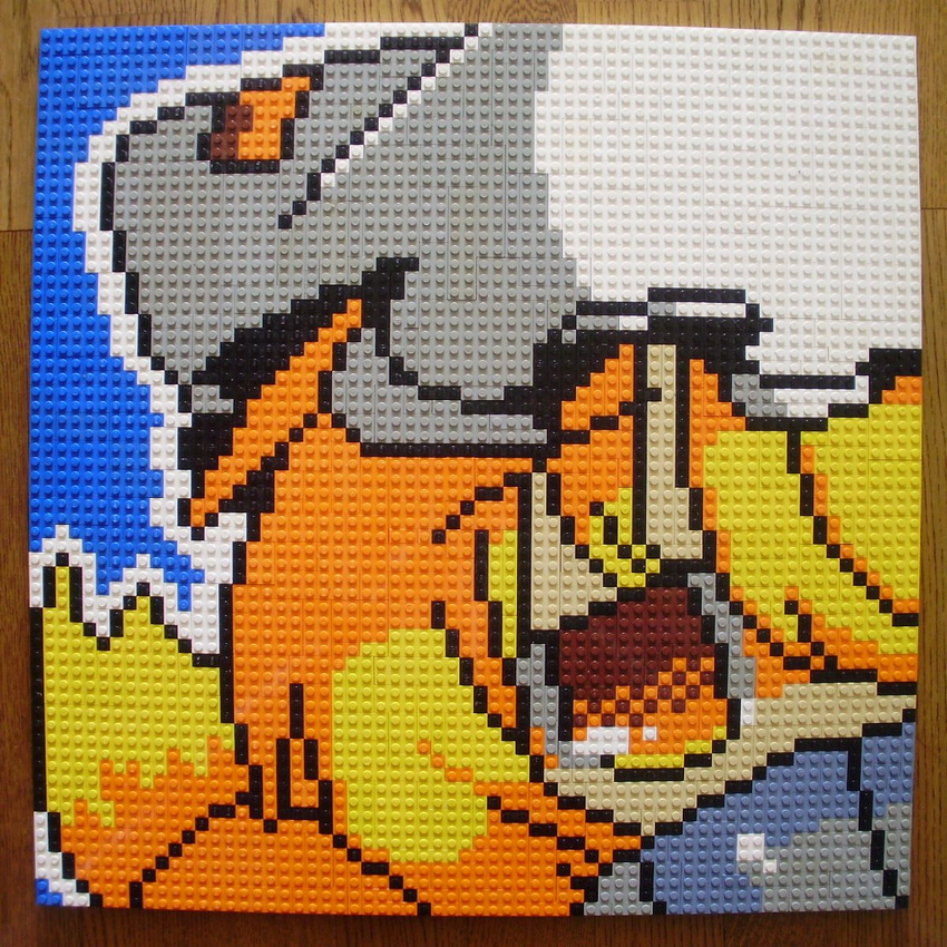 blonde_hair covering_mouth fox_tail hair_over_one_eye hands_in_opposite_sleeves hat highres lego photo pixel_art solo table tail touhou yakumo_ran yellow_eyes you_rei_(blowback)