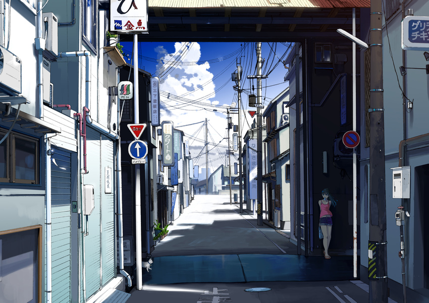 bad_id bad_pixiv_id bag banner bell bell_collar black_hair building cat cloud collar drainpipe food food_in_mouth highres kurono_kuro midriff original plant plastic_bag pole ponytail popsicle potted_plant power_lines road road_sign sandals shorts sign sky solo street tank_top vanishing_point wind_chime