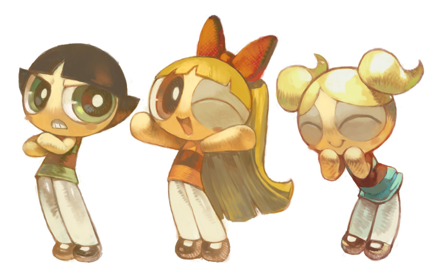 absurdres blonde_hair blossom_(ppg) bow bubbles_(ppg) buttercup_(ppg) closed_eyes crossed_arms hair_bow highres koki_(ryoushikiha) multiple_girls one_eye_closed powerpuff_girls twintails