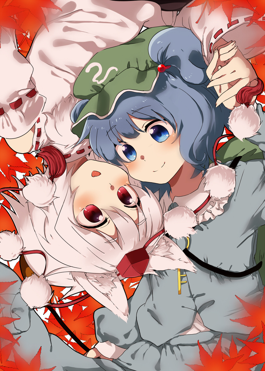 animal_ears autumn_leaves bad_id bad_pixiv_id blue_eyes blue_hair blush detached_sleeves fang hair_bobbles hair_ornament hat hat_ribbon highres holding_hands inubashiri_momiji kawashiro_nitori multiple_girls onyuuuu open_mouth red_eyes ribbon shirt short_hair silver_hair skirt skirt_set smile tokin_hat touhou two_side_up upside-down wolf_ears