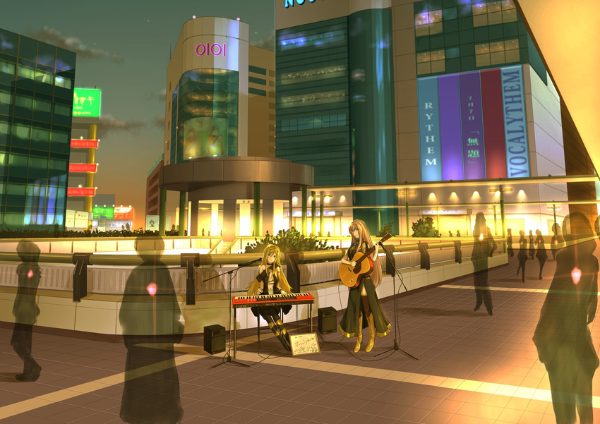 acoustic_guitar blonde_hair blue_eyes boots choker guitar highres instrument keyboard_(instrument) lily_(vocaloid) long_hair magzz megurine_luka microphone multiple_girls music pink_hair playing_instrument thigh_boots thighhighs very_long_hair vocaloid