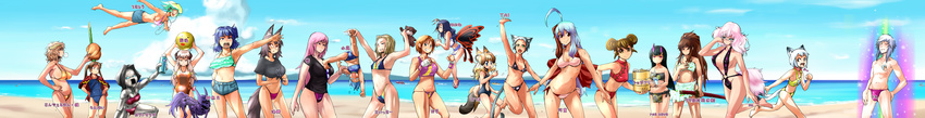 6+girls :&lt; absurdres ahoge animal_ears aqua_sarong bamboo barefoot beach bell bell_collar between_breasts bikini black_hair blue_hair breasts brown_eyes brown_hair butterfly_wings cat_ears cloud collar cyborg day denim denim_shorts digital_media_player dog_ears dog_tail double_bun everyone fabulous flat_chest flying frilled_bikini frills front-tie_top glasses gold_bikini green_eyes green_hair grey_hair highres horns large_breasts long_hair long_image lowleg lowleg_bikini male_swimwear monster_girl multicolored_hair multiple_girls nipples o-ring o-ring_swimsuit odd_one_out oni open_mouth original outdoors partially_translated pink_hair ponytail print_sarong red_eyes robot sand sarong school_swimsuit shirt short_hair shorts side-tie_bikini side_ponytail sideboob silver_hair sky slingshot_swimsuit smile swim_briefs swimsuit swimwear sword t-shirt tail tamiya_incorporated tied_shirt translation_request twintails upside-down volleyball water weapon wide_image wings yakibuta_(shimapow)
