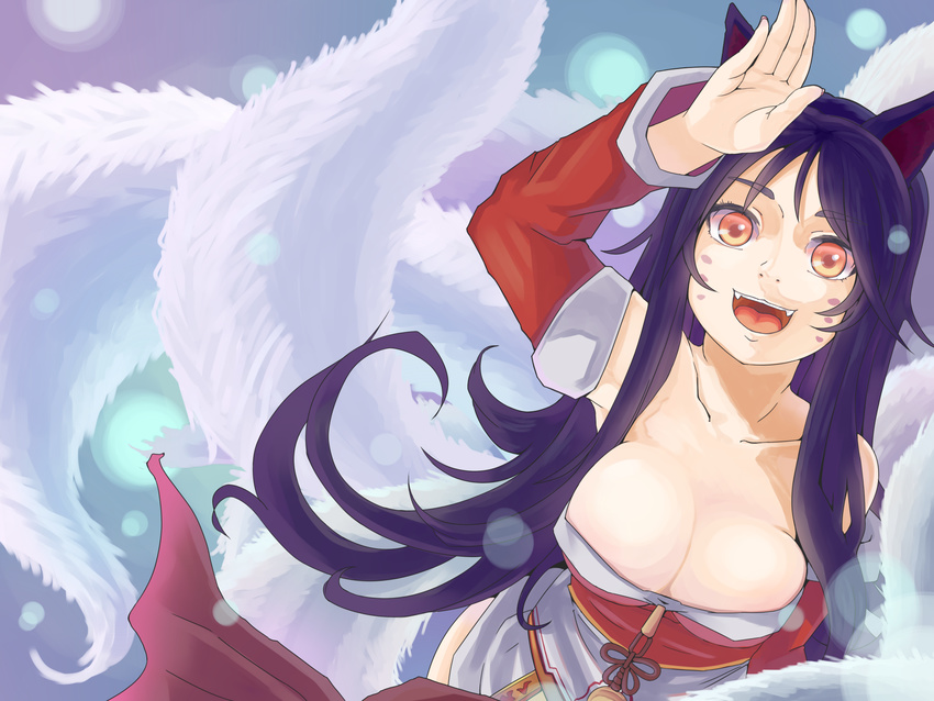 ahri animal_ears bare_shoulders black_hair breasts cleavage collarbone detached_sleeves facial_mark fox_ears fox_tail highres korean_clothes large_breasts league_of_legends long_hair multiple_tails open_mouth orange_eyes smile solo srx61800 tail whisker_markings