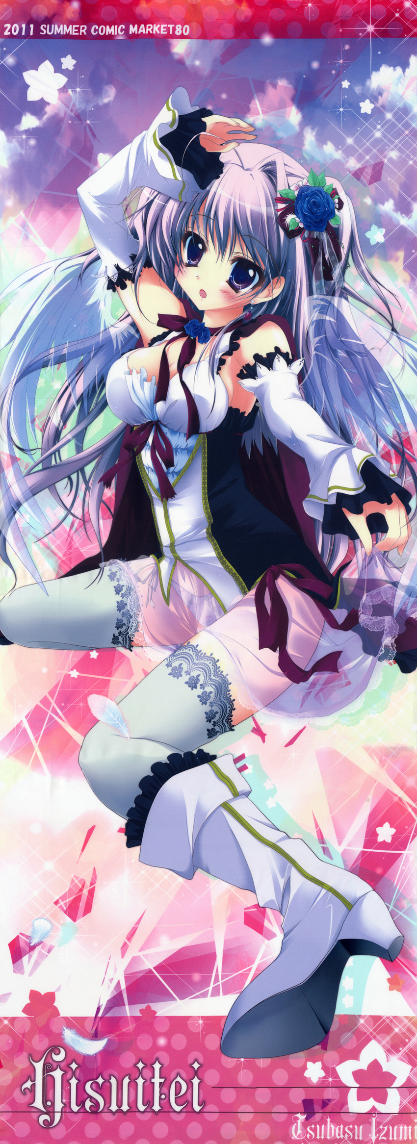 1girl absurdres antenna_hair armpits boots breasts cleavage copyright_request detached_sleeves dress_shirt feathers flower flower_on_head hair_flower hair_intakes hair_ornament highres izumi_tsubasu long_image panties see-through shirt side-tie_panties stick_poster tall_image thighhighs underwear wings