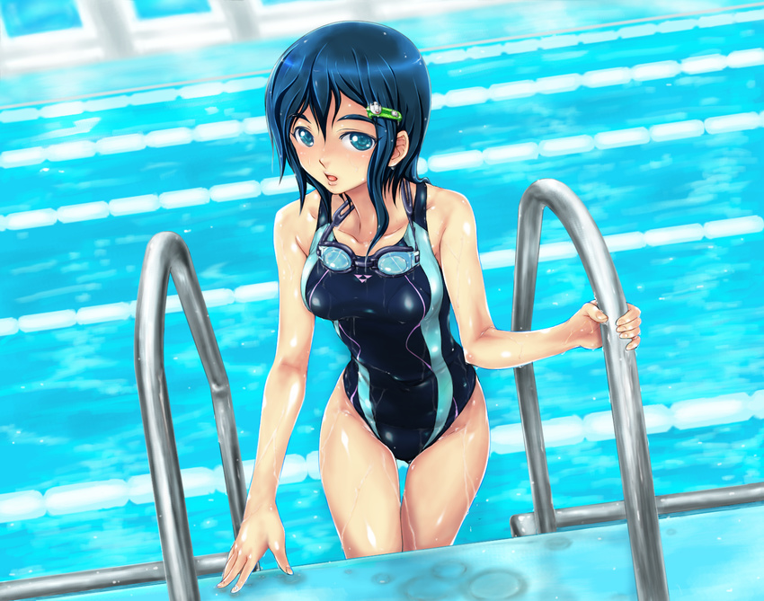 blue_eyes blue_hair collarbone competition_swimsuit covered_navel eyebrows goggles goggles_around_neck hair_ornament hairclip highres idolmaster idolmaster_dearly_stars looking_at_viewer md5_mismatch mizutani_eri one-piece_swimsuit open_mouth pool pool_ladder poolside shiny shiny_clothes shiny_hair shiny_skin short_hair skin_tight solo swimsuit tachi_hirushi water wet wet_clothes wet_swimsuit