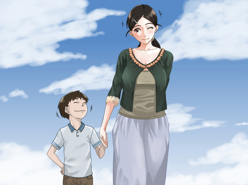 age_difference black_hair breasts cloud clouds dmm large_breasts mother_and_son sky smile wink