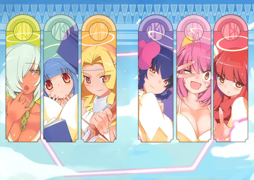 ahoge apollo_(kaminomi) book breasts cleavage column_lineup dark_skin diana_(kaminomi) goddess hair_over_one_eye halo highres jewelry kami_nomi_zo_shiru_sekai large_breasts mars_(kaminomi) mercurius_(kaminomi) minerva_(kaminomi) multiple_girls necklace one_eye_closed v vulcanus_(kaminomi) wakaki_tamiki