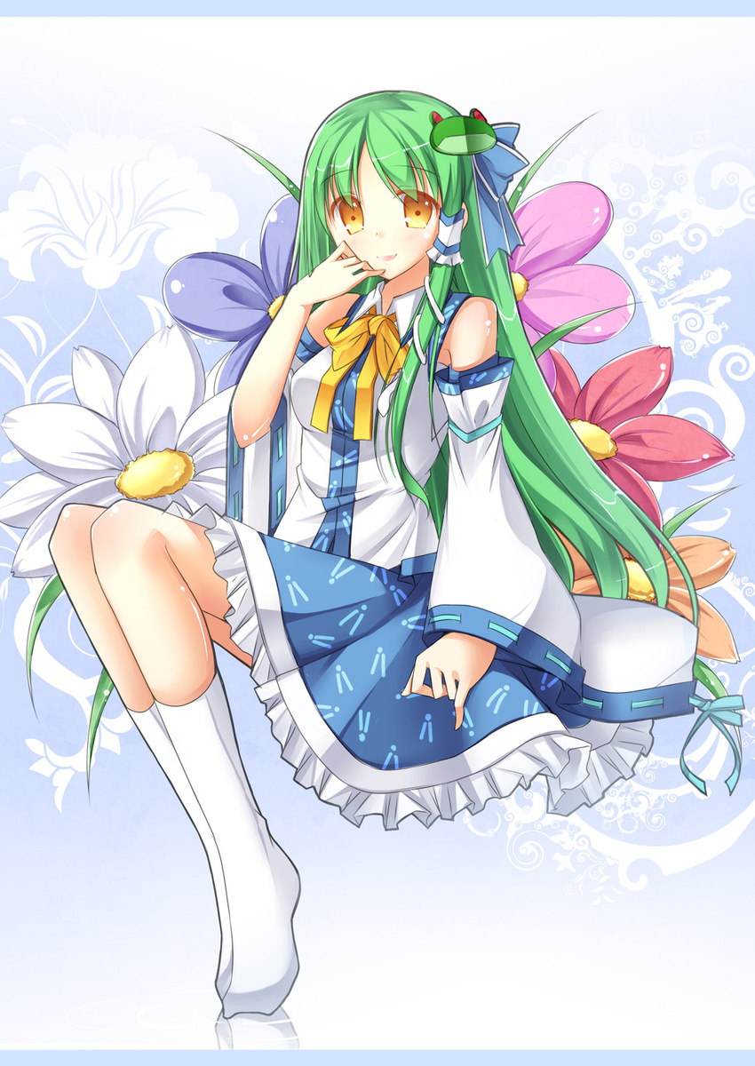 amemiya_ruki blush bow flower frog hair_ornament highres kochiya_sanae long_hair ribbon sitting snake solo touhou