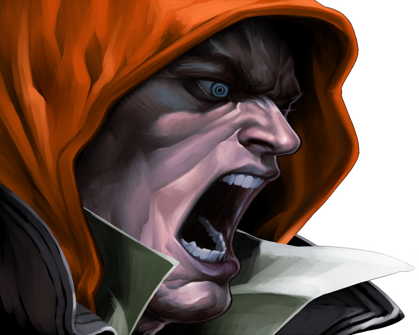 alex_mercer face high_collar hood jacket male_focus open_mouth prototype_(game) realistic ringed_eyes shiba_(berryeater) shouting simple_background solo upper_body white_background white_eyes