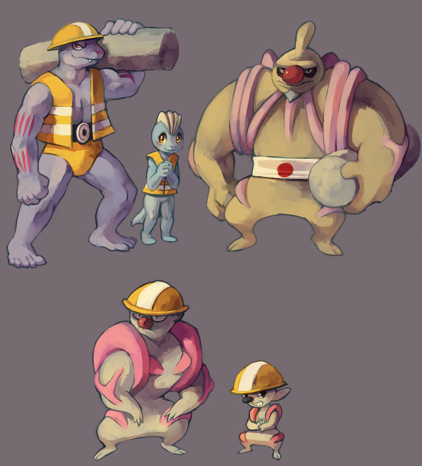 commentary conkeldurr creature fangs full_body fushigi_no_dungeon gen_1_pokemon gen_5_pokemon glitchedpuppet gurdurr hat helmet highres machoke machop no_humans pokemon pokemon_(creature) pokemon_(game) pokemon_fushigi_no_dungeon reverse_trap simple_background timburr